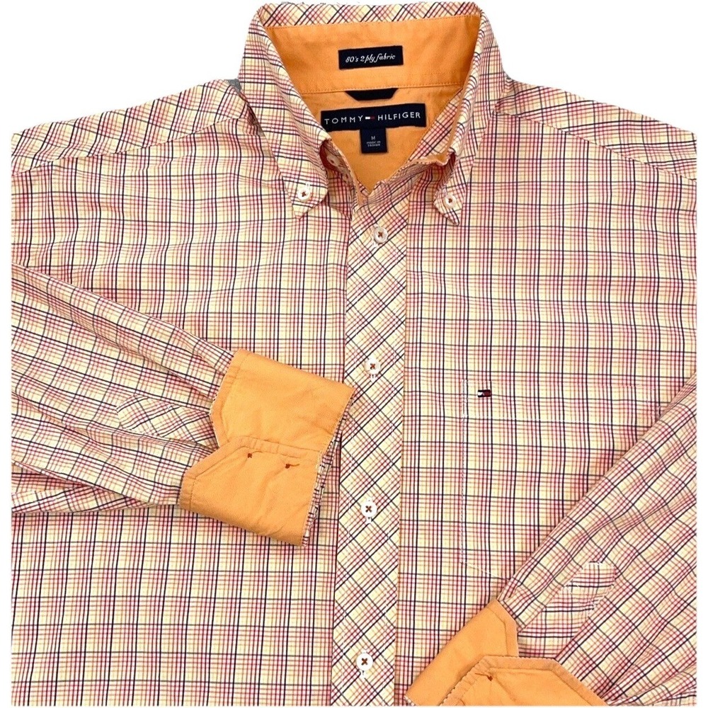 Tommy Hilfiger Shirt Men Medium‎ Orange Plaid Button Flip Cuff Dress 2 Ply Disco